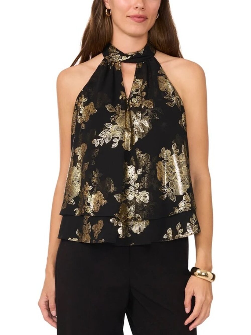 MSK Women's Floral Metallic Sleeveless Keyhole Top Black Gold Petite Size PL
